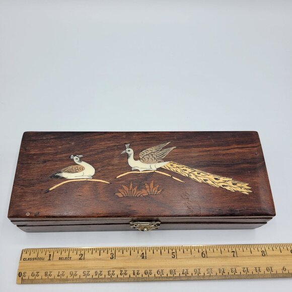 Vintage Handcrafted Wooden Jewelry Trinket Box Inlaid Peacock Design Metal Latch - Picture 14 of 16